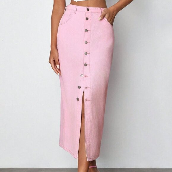 Pink Casual Women's Denim Maxi Skirt - Picture 5 of 7